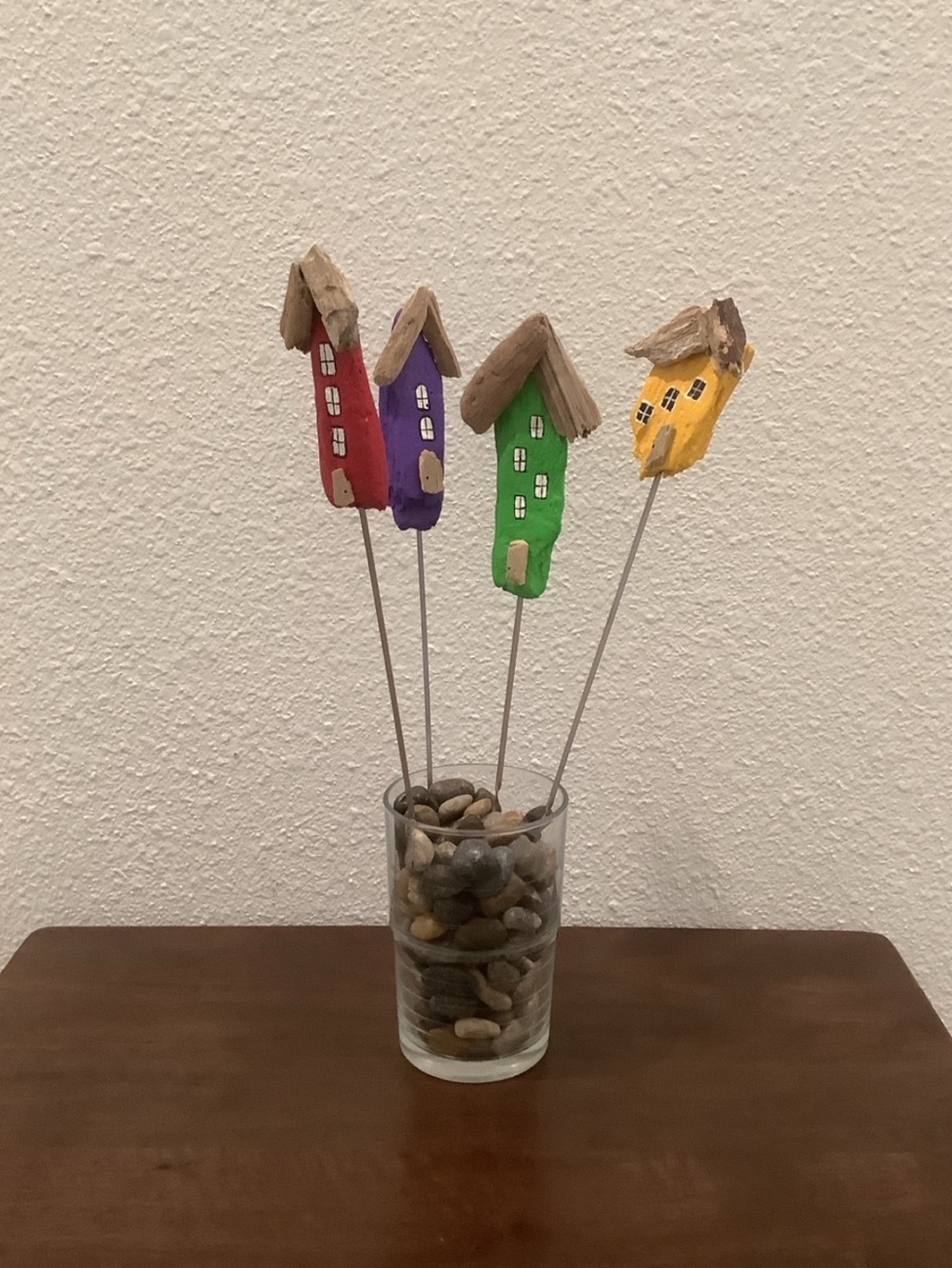 Driftwood Art, Painted Houses Stainless Steel Plant Sticks ,Coastal Decor